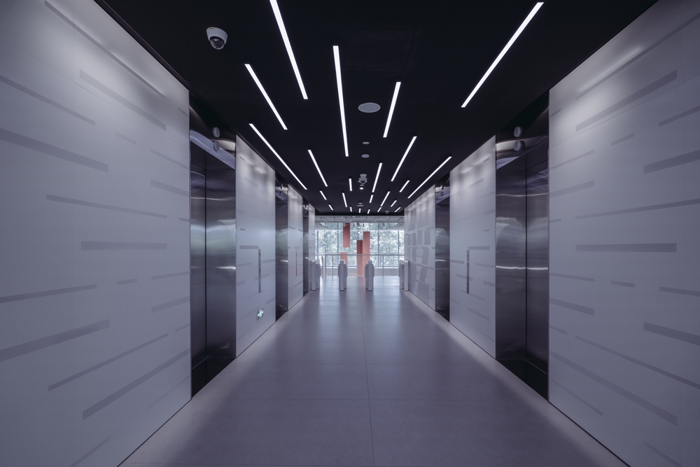 City skyline buildings illuminated at night